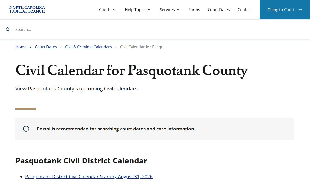 Pasquotank County civil docket calendar interface