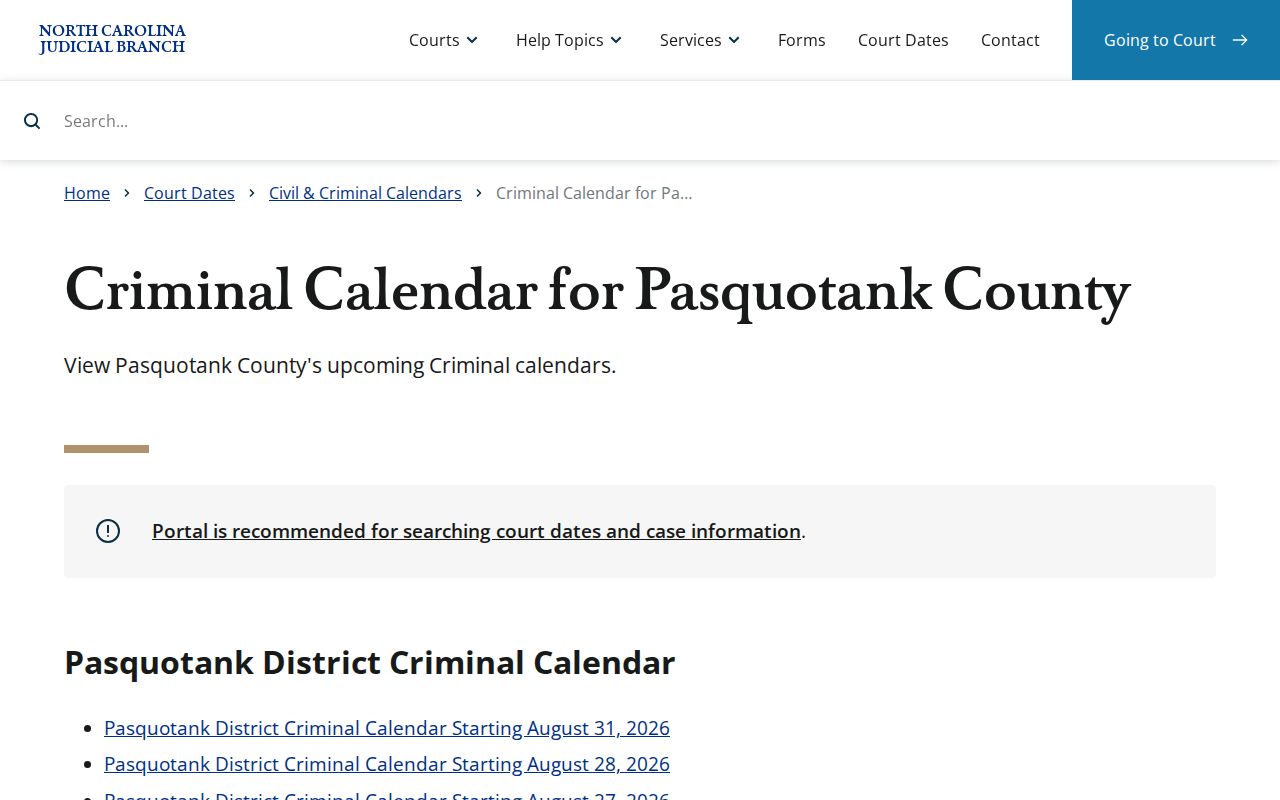 Pasquotank County criminal docket calendar interface