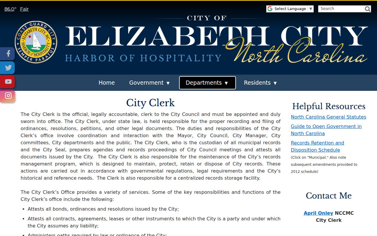 Elizabeth City court records routing through the city clerk rather than a municipal court