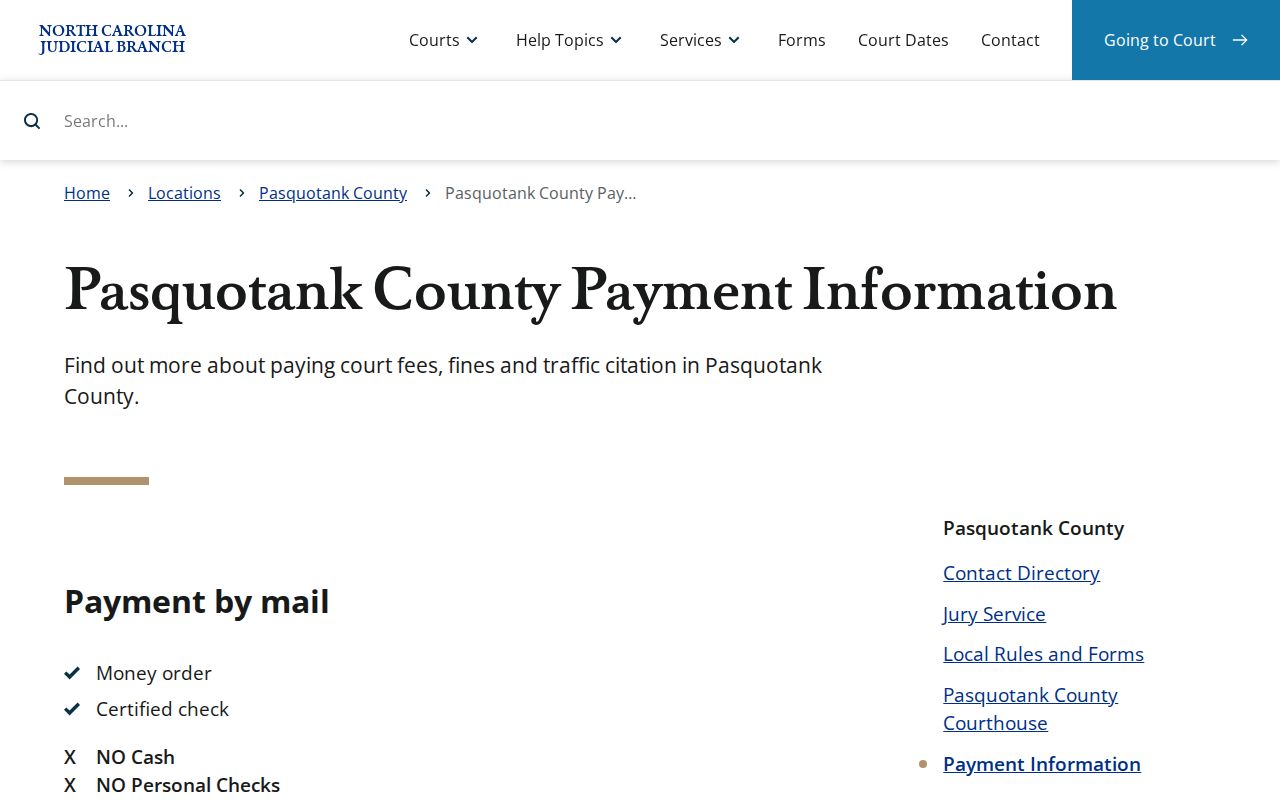 Pasquotank County traffic court record type official payment information